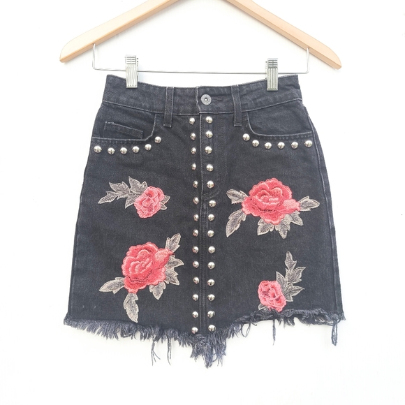 Carmar Dresses & Skirts - CARMAR rose embroidered silver studded frayed black denim mini skirt